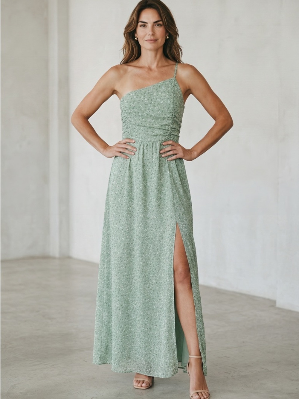 Promesa One-Shoulder Sage Green Maxi Dress with Slit